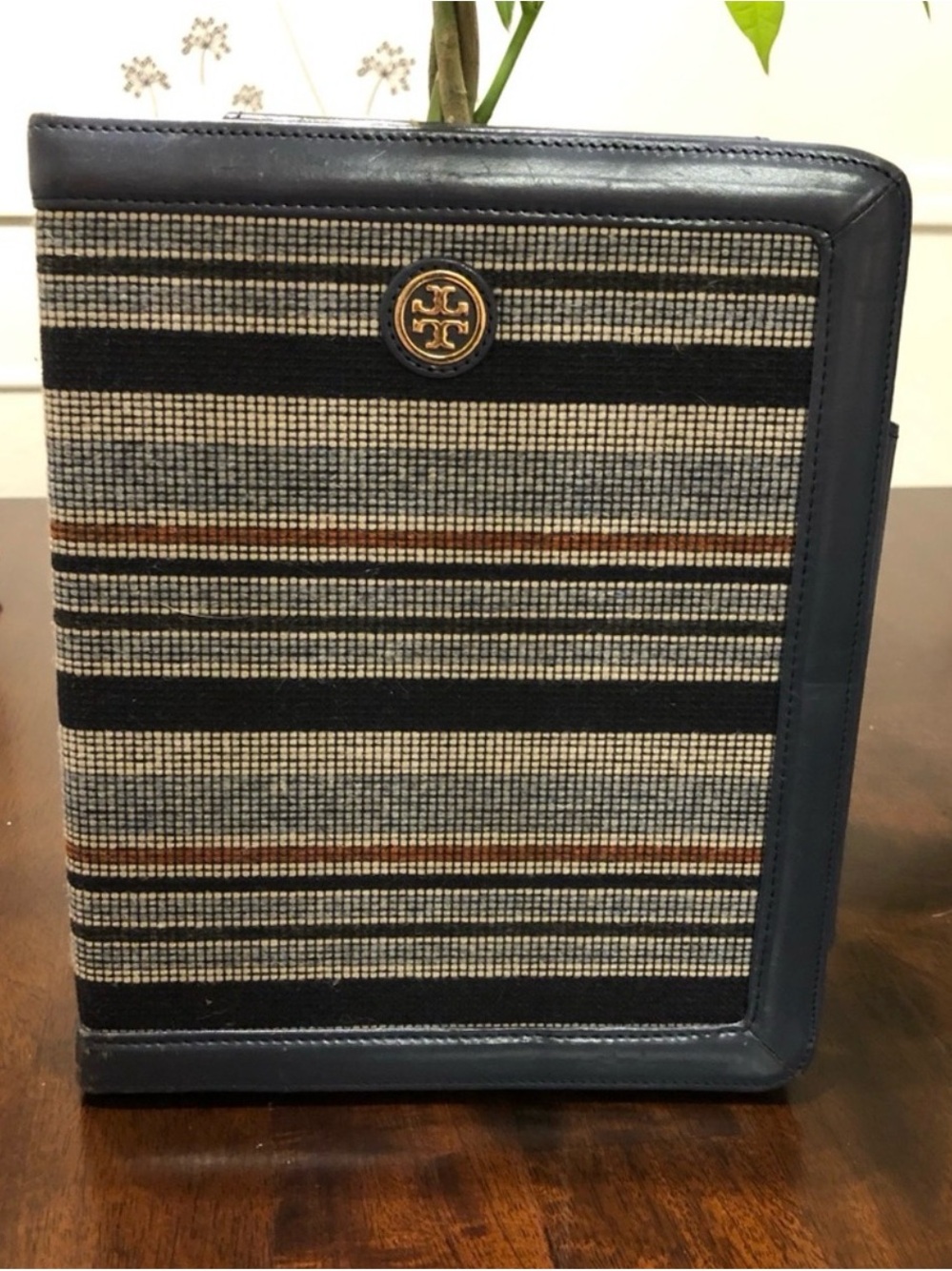 Tory Burch Navy, Cream and Black Striped Canvas Laptop Folio